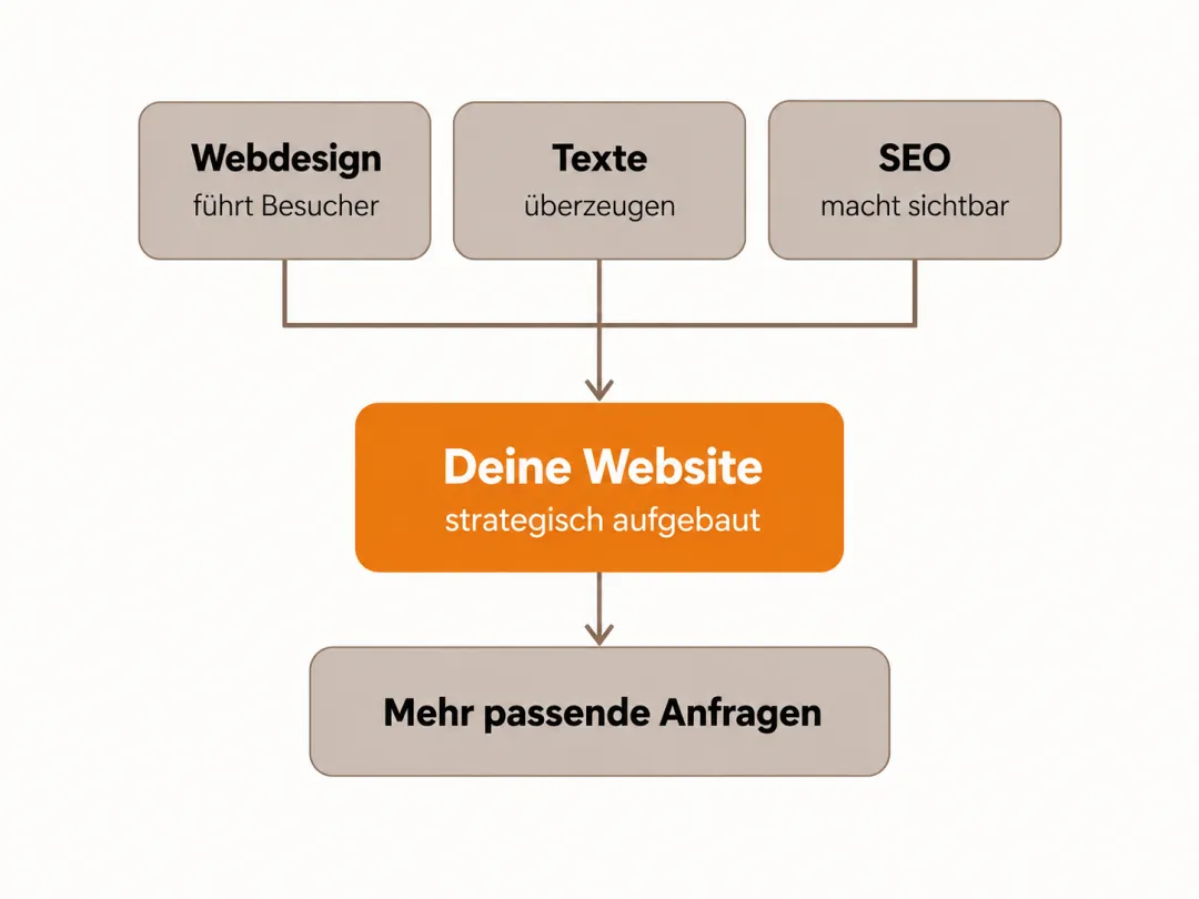 Webdesign-Texte-SEO-Website-Kunden Grafische Darstellung: Zusammenhang von Webdesign, Texte und SEO für eine strategisch aufgebaute Website als Kundenmagnet